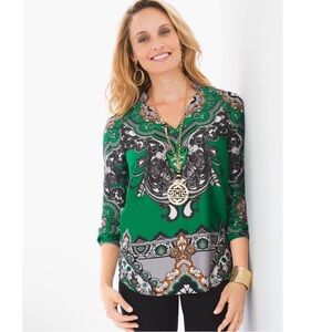 Chico’s Paisley Peasant Top in Green Size 1 Silky Satin Blouse